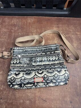Sakroots Black & Cream Patterned Crossbody Bag with Tan Strap